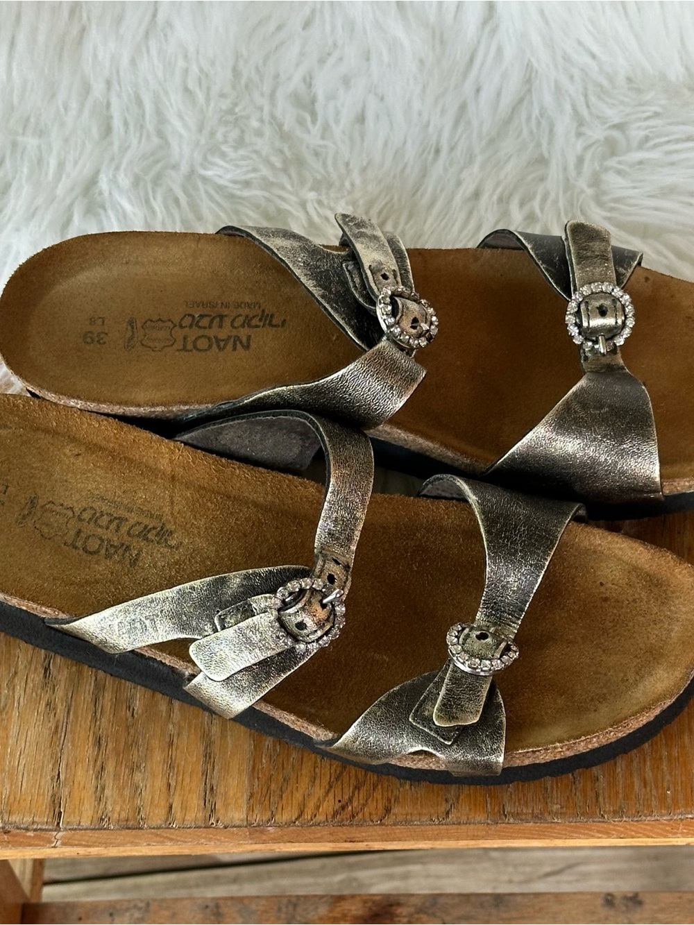 Naot Metallic Pewter Leather Buckle Sandals